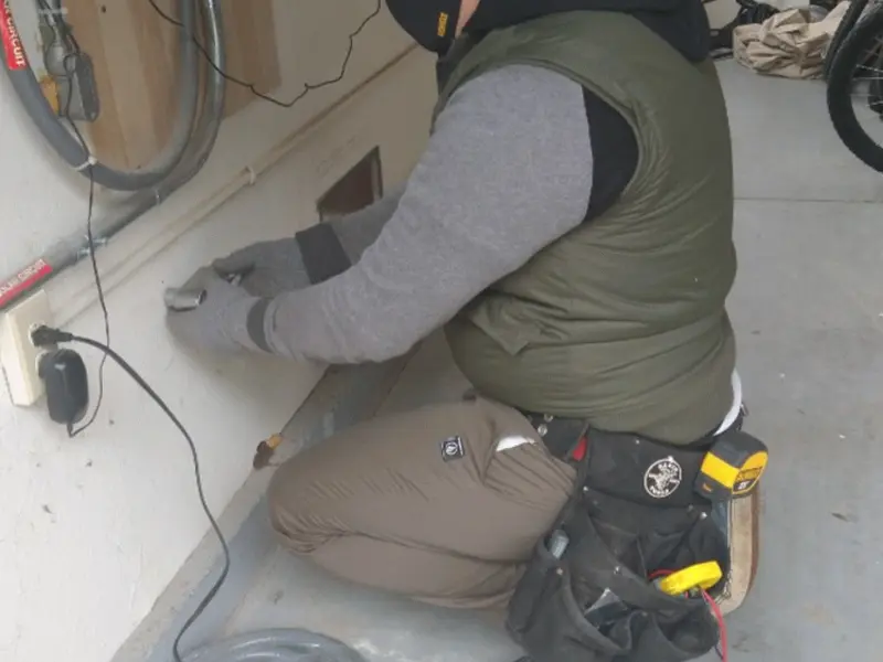 Electrician performing outlet wiring in a Spout Springs garage
